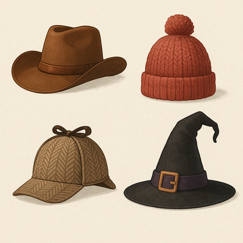 Các loại mũ điện ảnh nổi bật như cao bồi, len, deerstalker, phù thủy