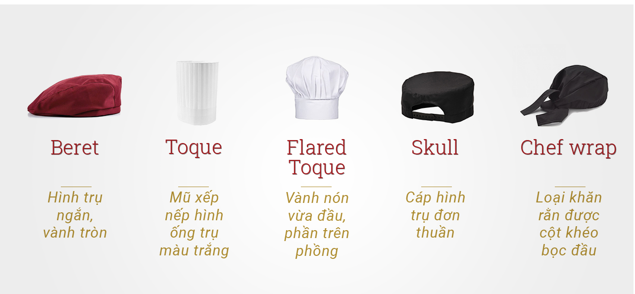 Các loại mũ đầu bếp hiện đại với kiểu dáng đa dạng, từ cổ điển đến năng động